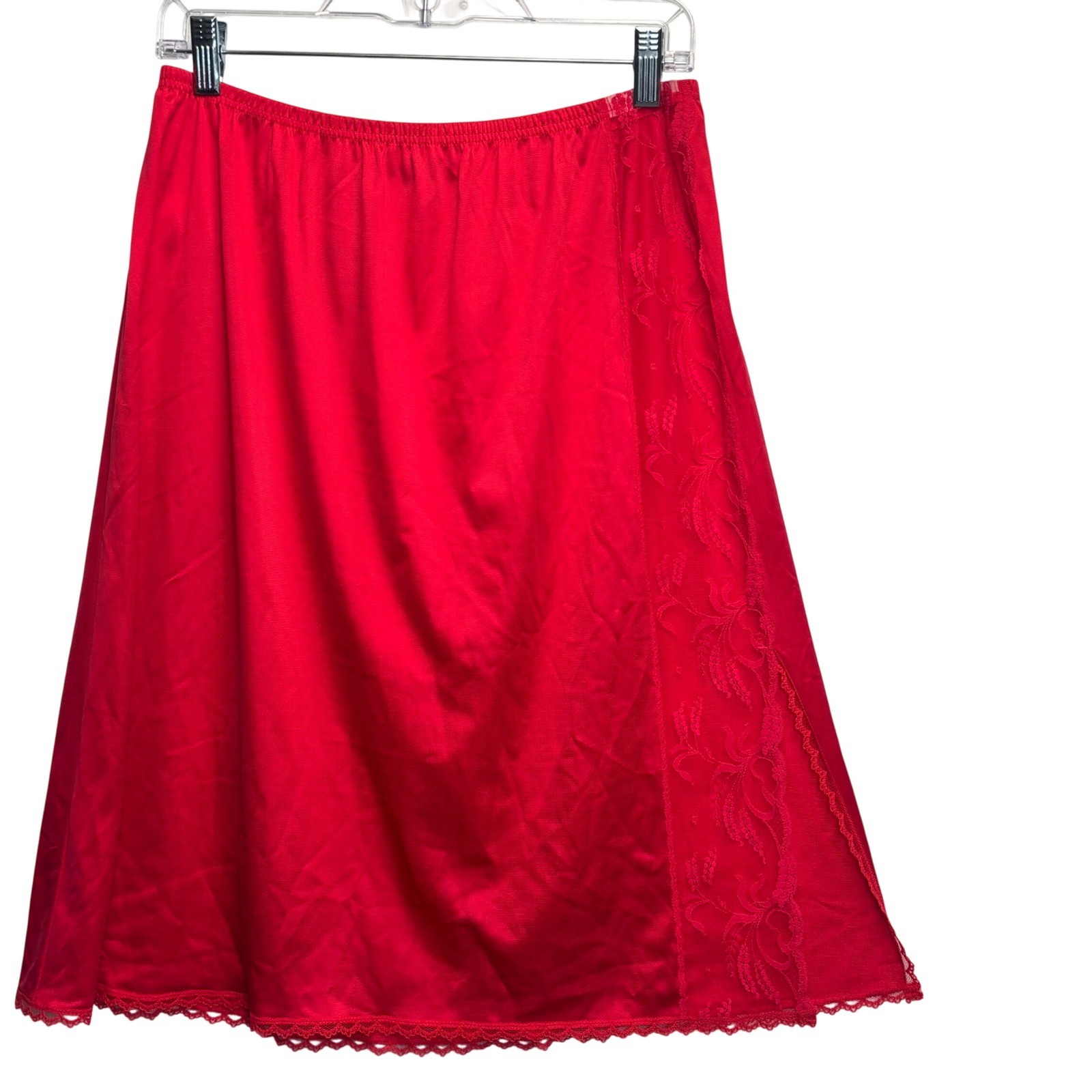 VTG 60s Sabrina Red Slip Skirt Lace Side Slit Lingerie Nylon Coquette Sz L