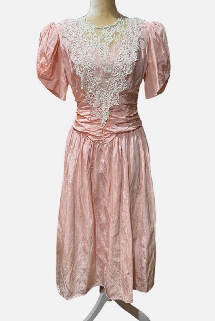 Vtg Scott McClintock Taffeta Lace Tea Dress Prom Victorian Peach Sz 14 FlawsREAD