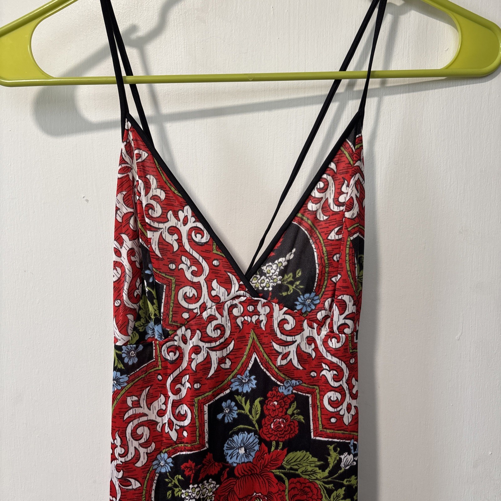 Vintage Vassarette Long Nightgown Maxi Slip Dress Red Floral Tie Open Back Sz 34