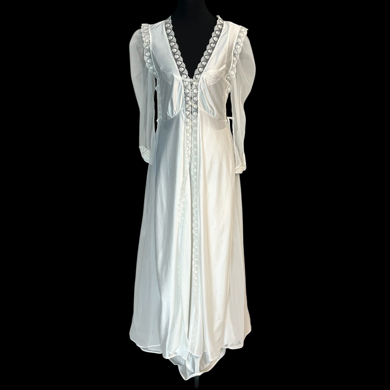Vintage Valisere Nightgown Robe Peignoir Set Sz 42 XS/S Ivory Bridal Lace Sheer