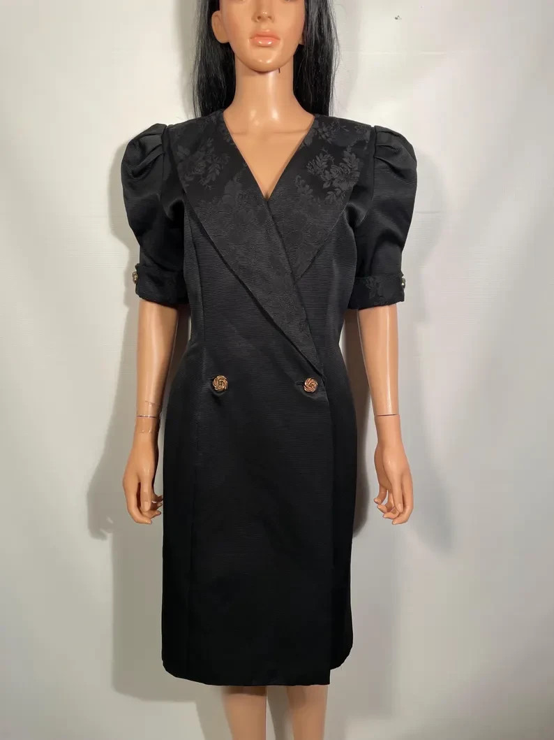 Vintage 1980s Black Taffeta Tuxedo Dress With Floral Brocade Collar Size S/M
