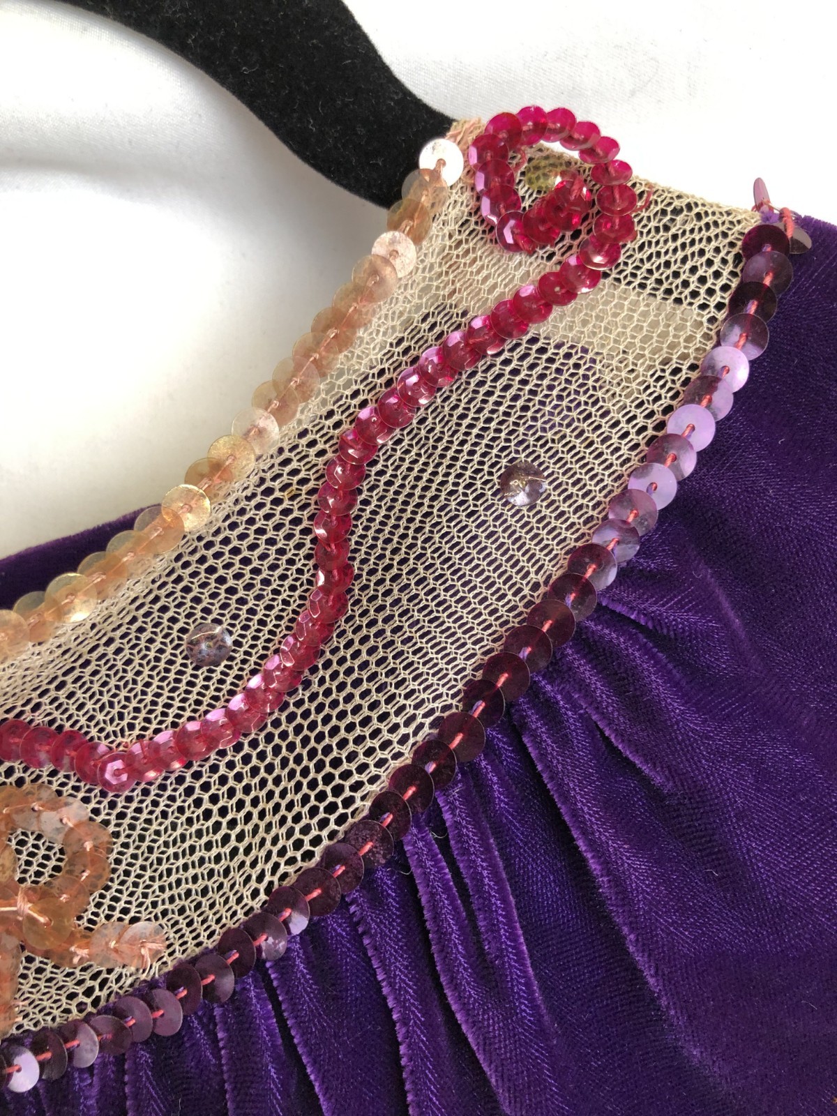 1910’s 1920’s 1930’s Purple Velvet Midi Dress with Sequins, Mesh Sleeves