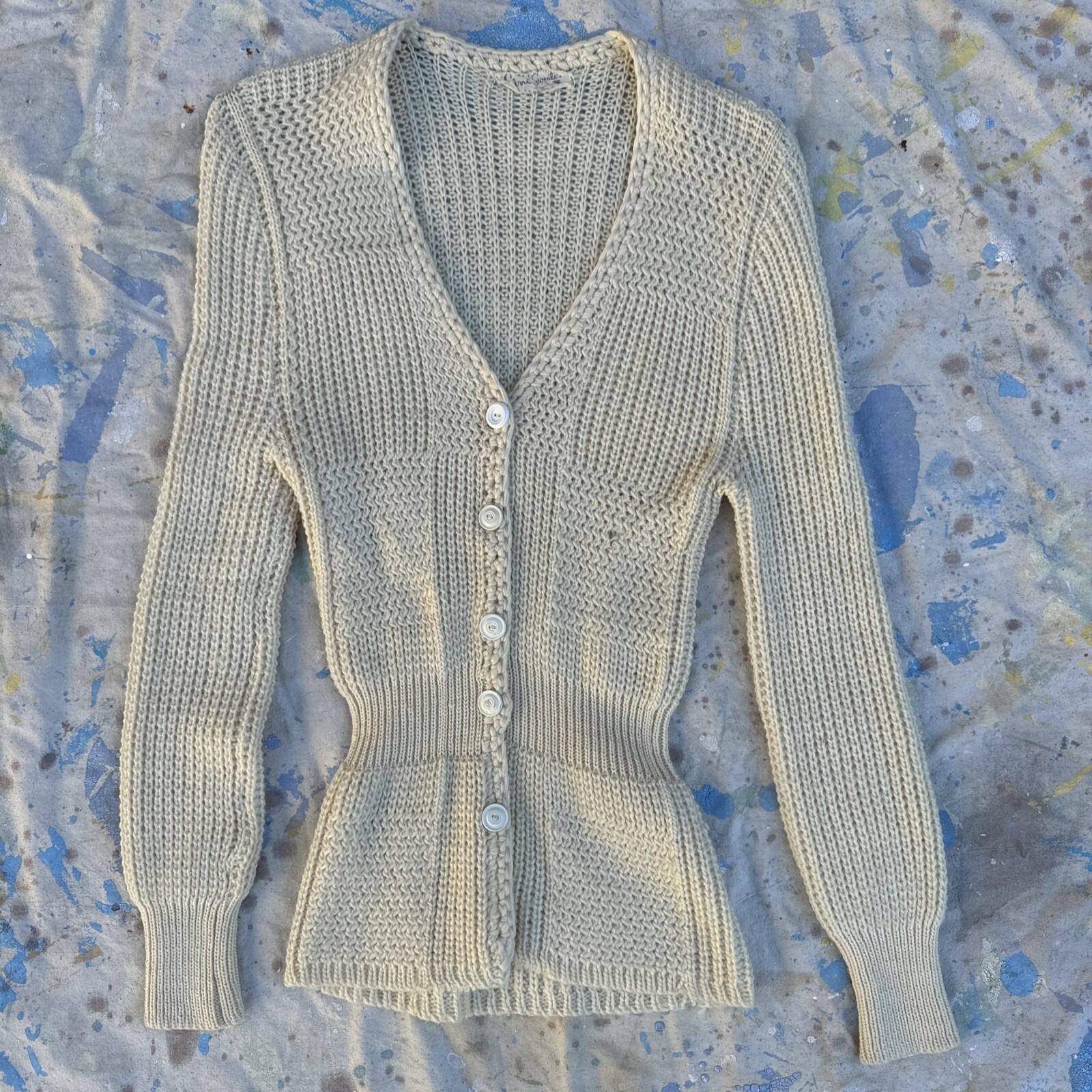 Vintage 1930s Cream Wool Knit Cardigan Sweater Cinched Waist Ciné Sweater Coat