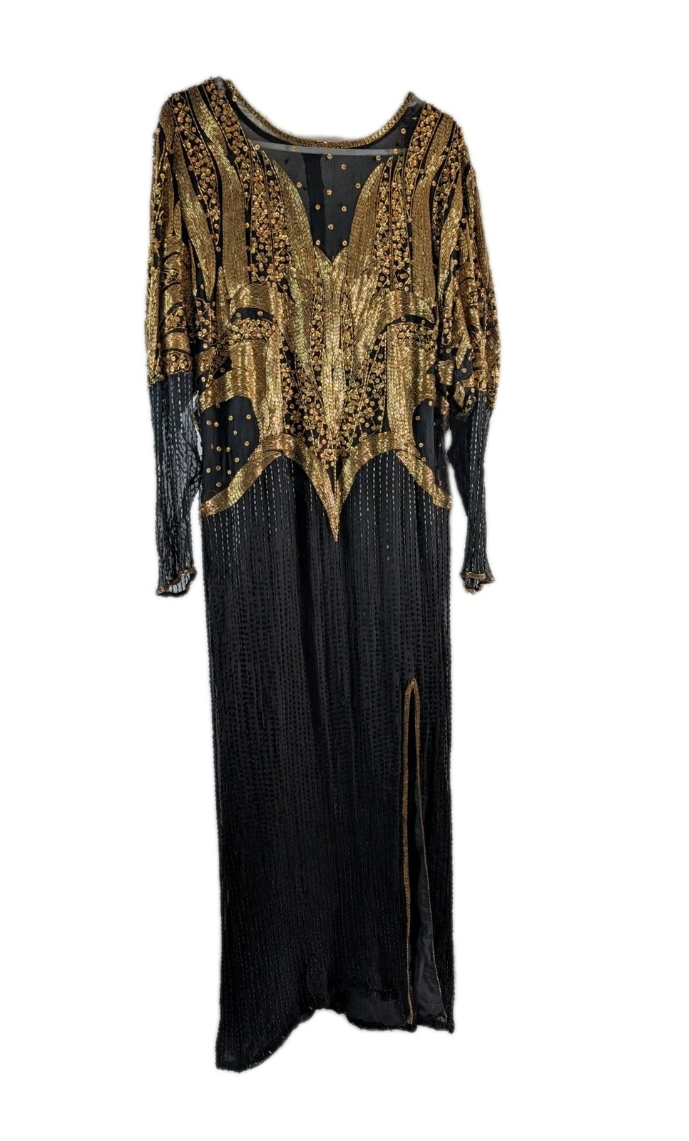 Vtg Landmark Silk Beaded Gown XL, Black Gold Sequin Maxi Dress, Flapper READ