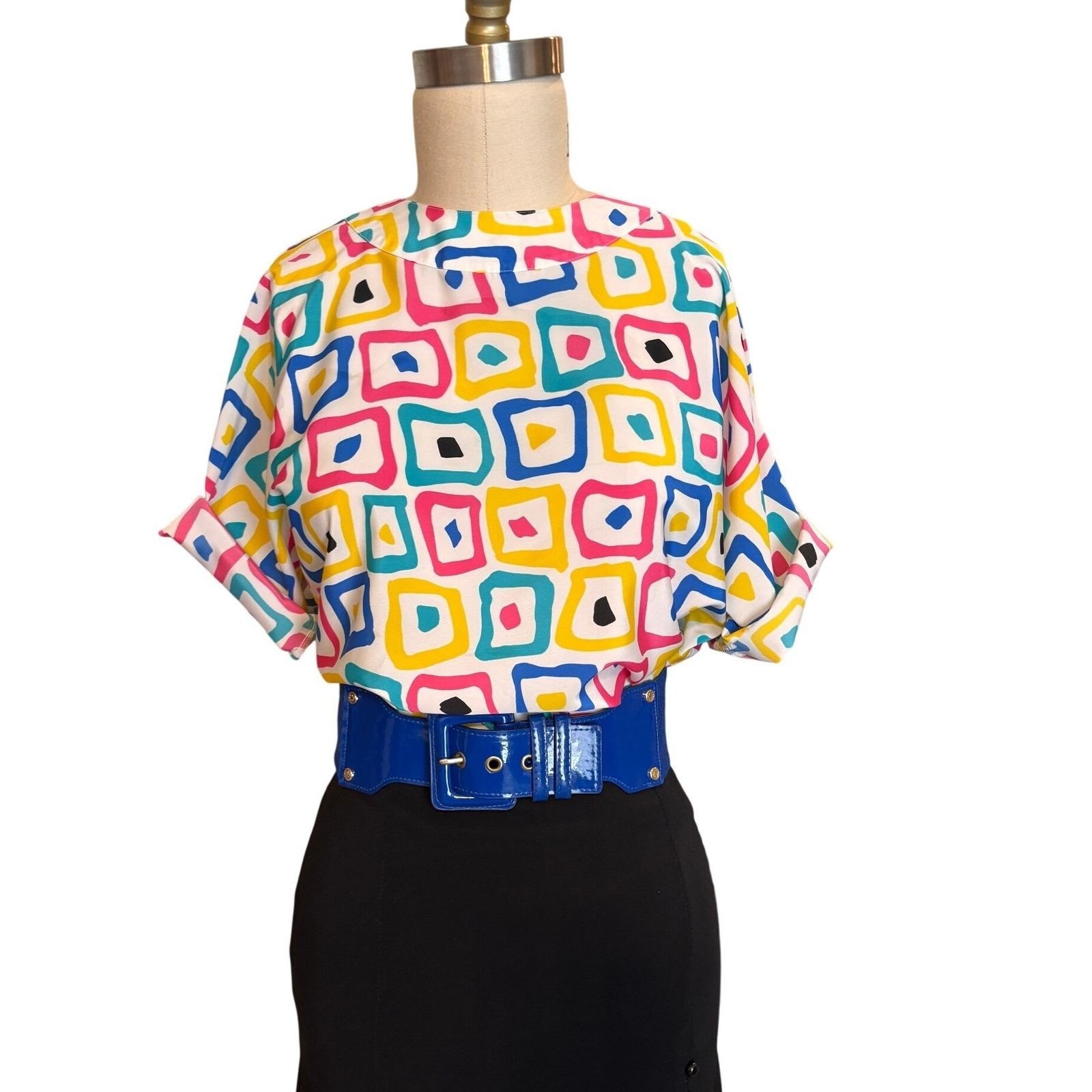 Geometric Square Print Blouse Women M Multi-Color 80s Retro Top Vintage