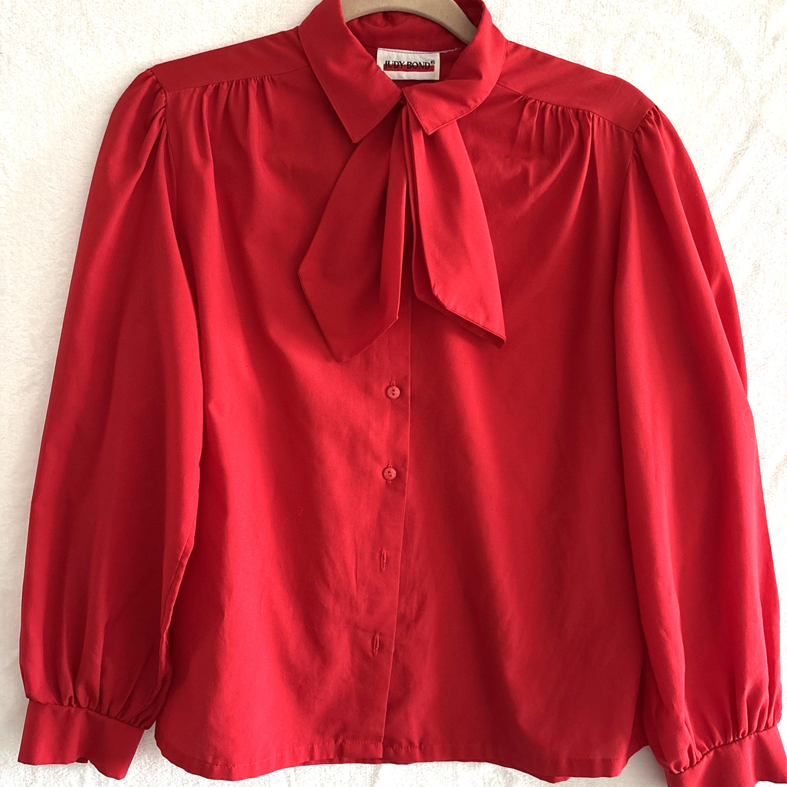 Judy Bond Vintage Blouse Small Red Bow Tie Secretary Geek
