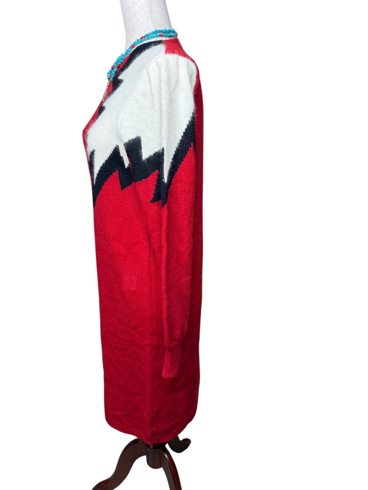 VTG Yarnworks Petite S Red White Lightning Bolt Sweater Dress Lambswool read y2k