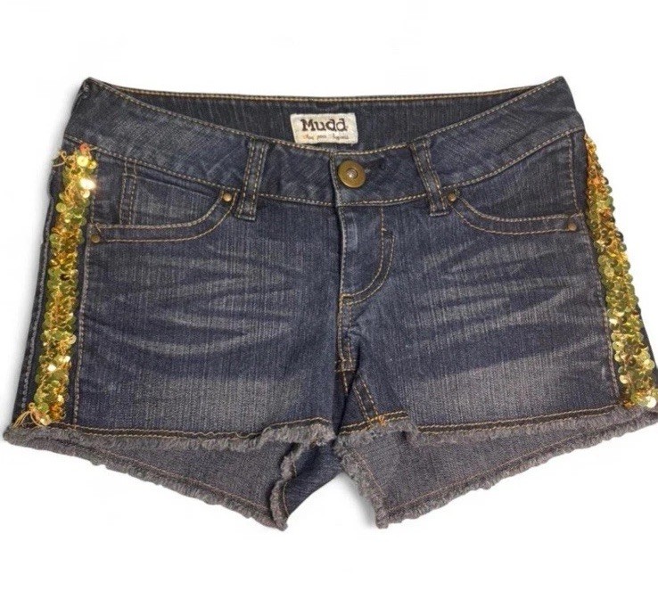 Vintage Y2K Mudd denim Jean shorts With Golden Sequins and frayed hem size 0