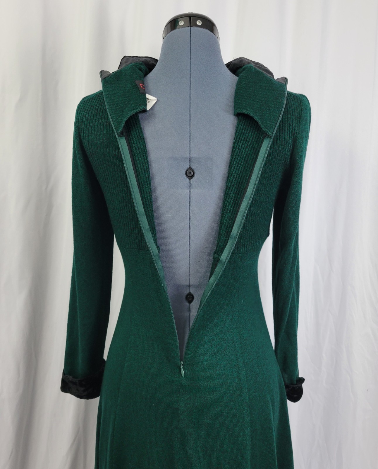 Vintage JSJ Petites Green & Black Empire Dress w Black Velvet Accents Size 8