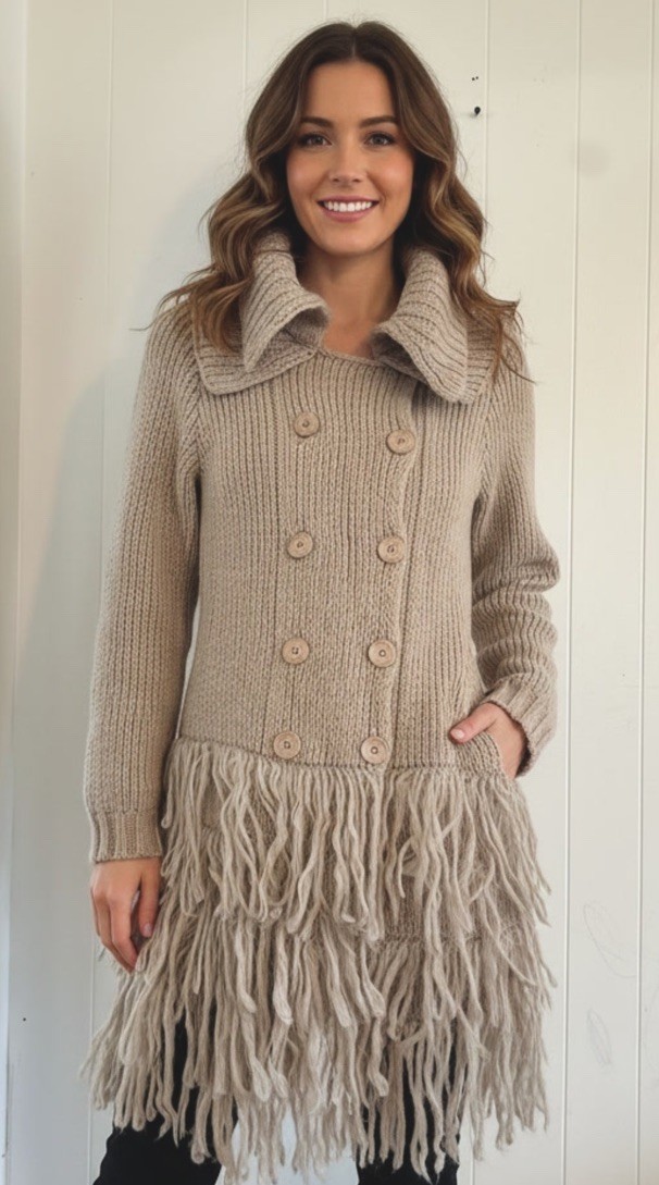 Sisley Italy Vintage Mohair Alpaca Wool Fringe Long Cardigan Sweater Coat XS 70s
