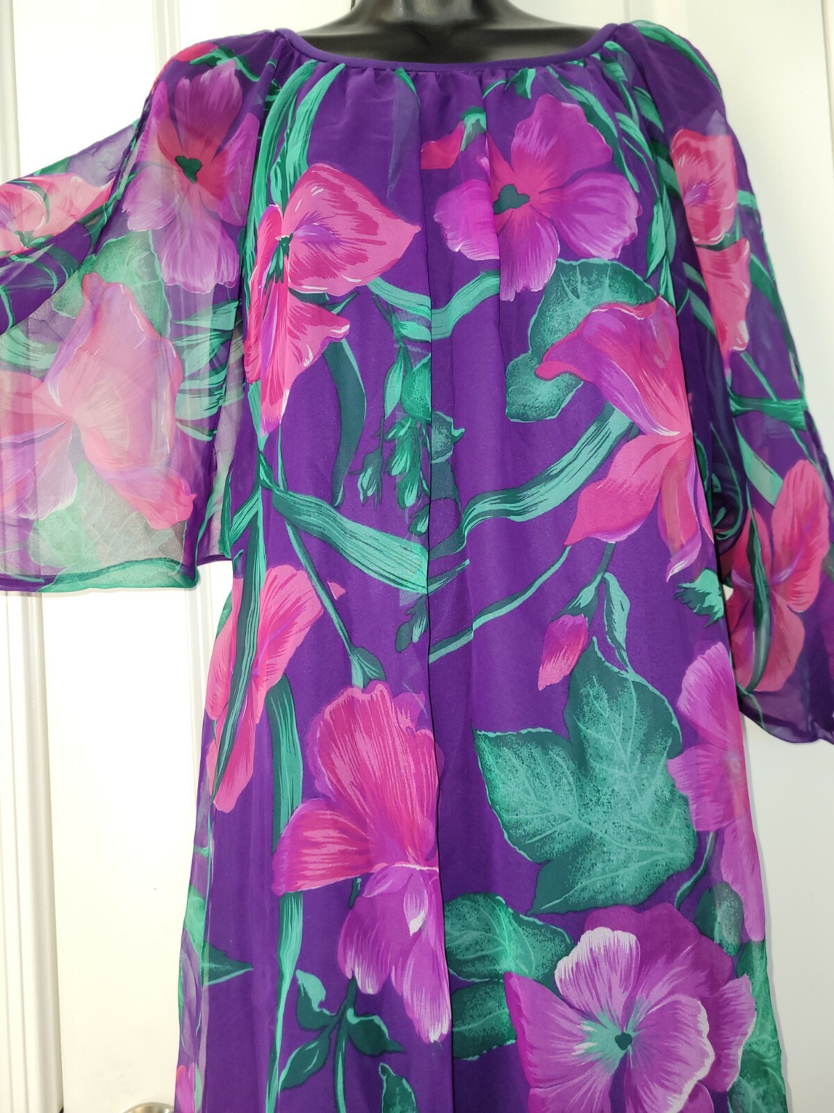 VTG KIYOMI HAWAII Liberty House Maxi Dress purple floral muumuu sheer small 60s