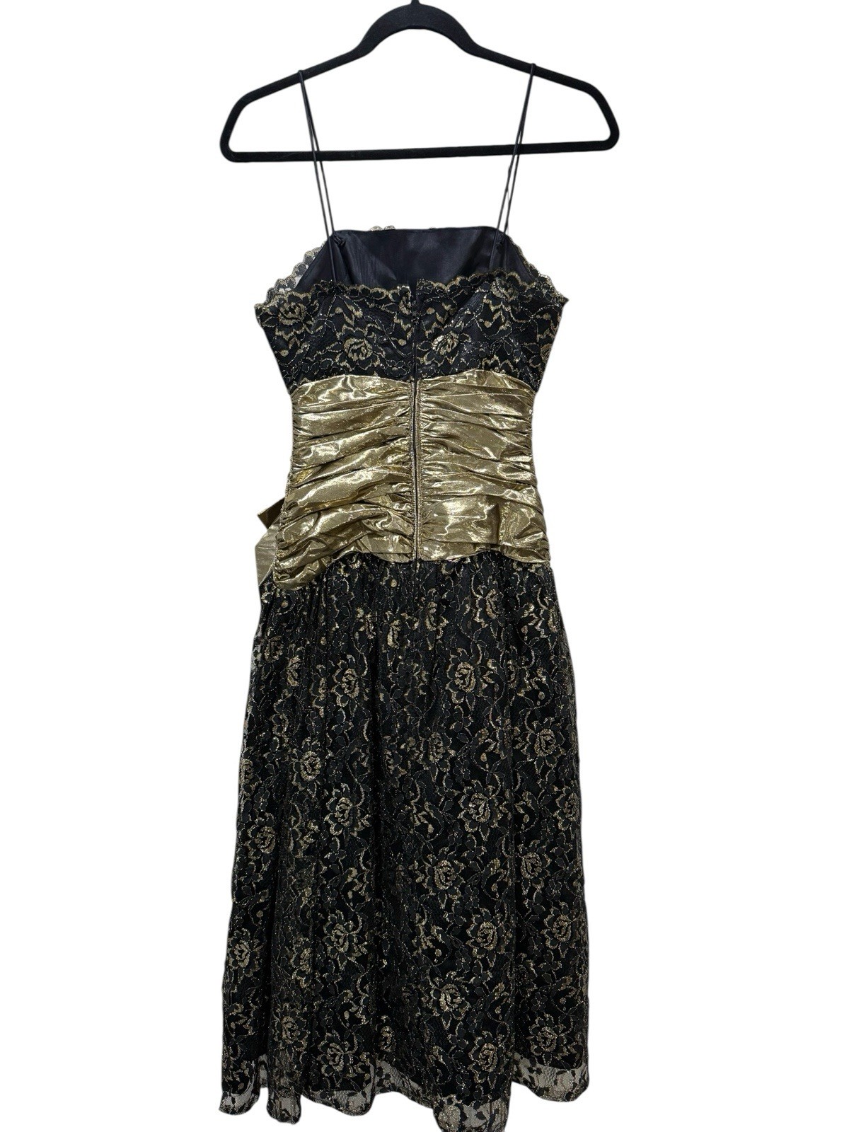 Vintage Glenrob Black Lace Gold Metallic 1980s Party Cocktail Dress Bow Size 5/6