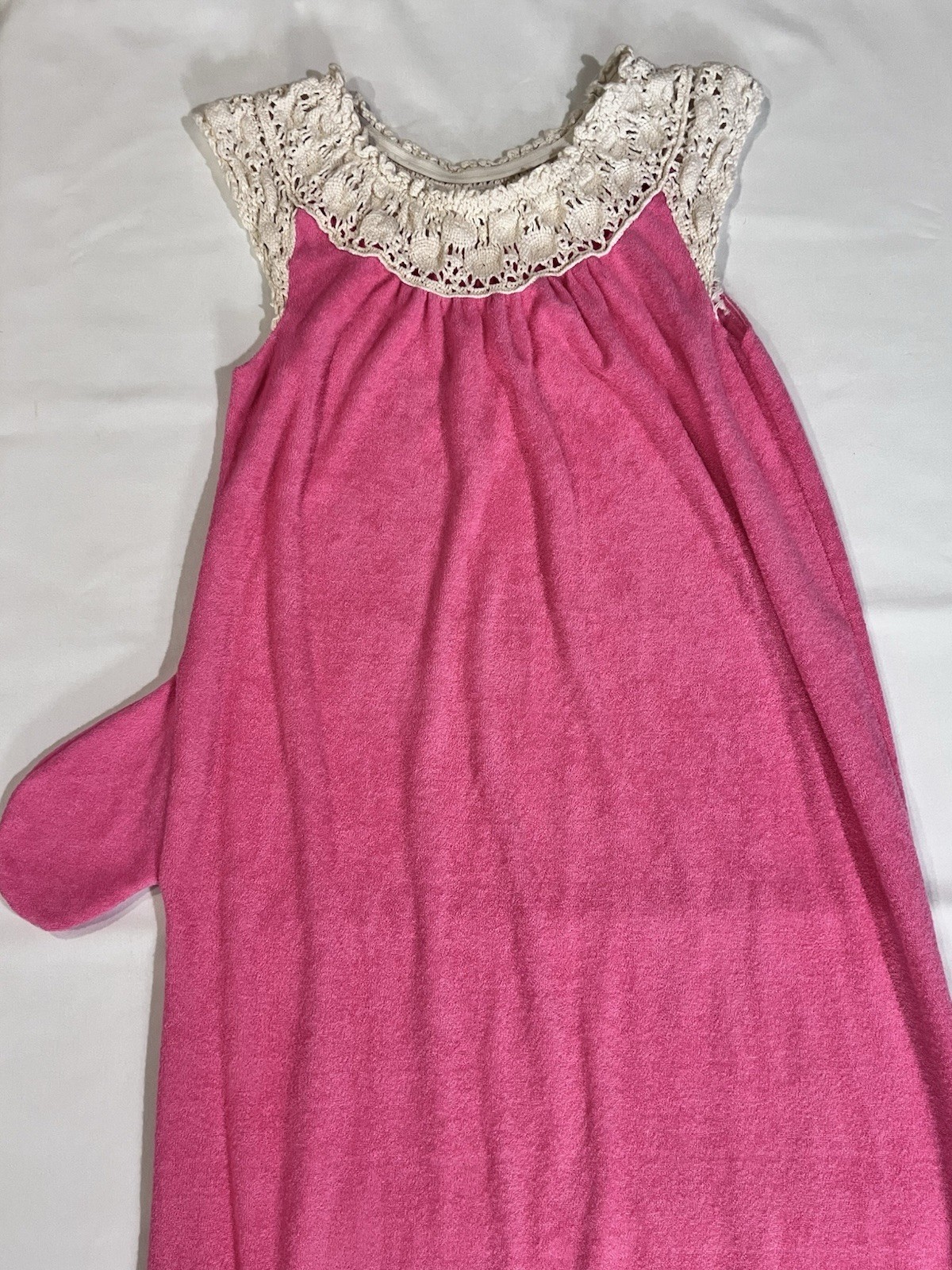 Vintage Hot Pink Terry Cloth Crocheted Lace Summer Dress Swim Cover Up 70s Mod