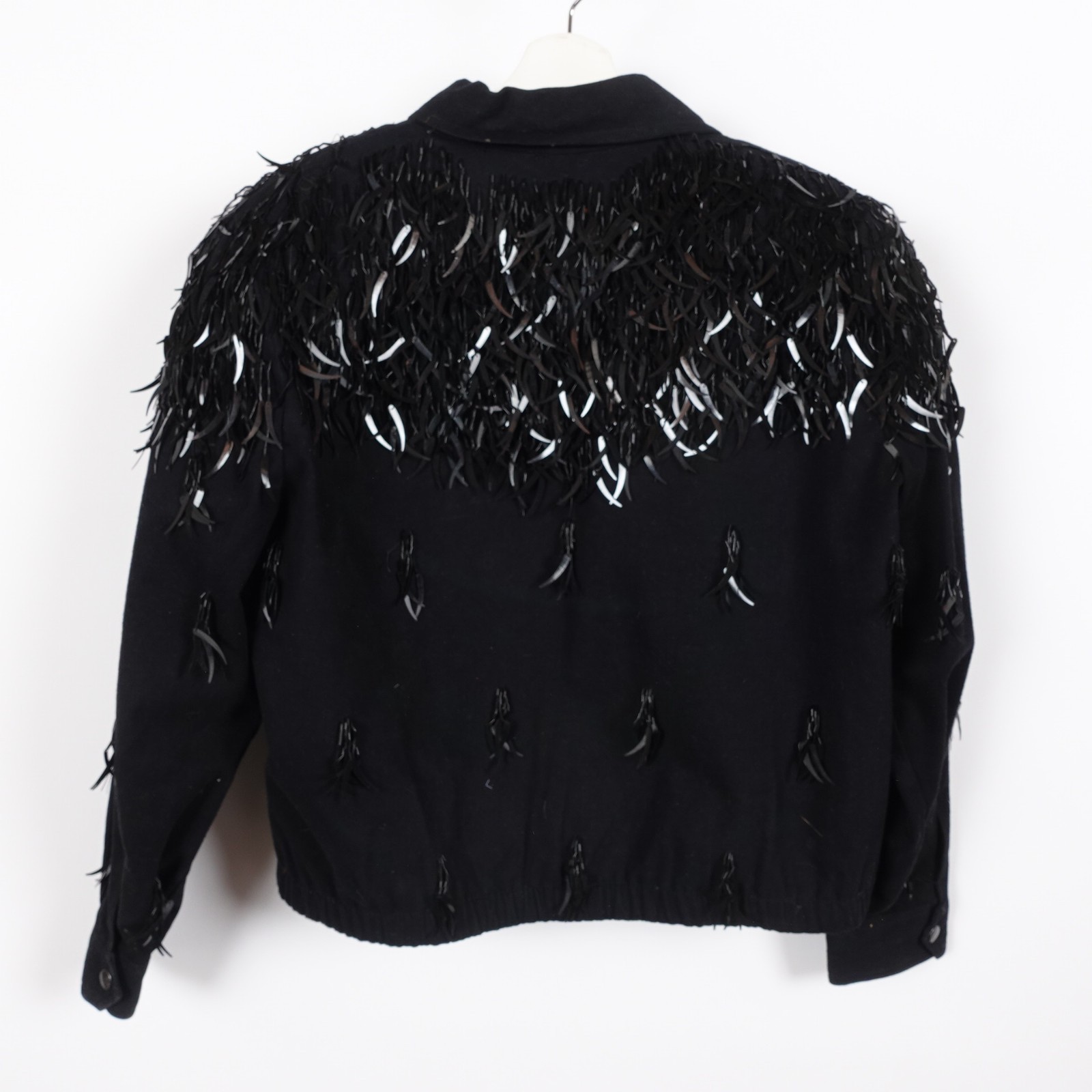 Vintage Modi Denim Feather Sequin Jacket Women Size Large Black Beaded Fringe