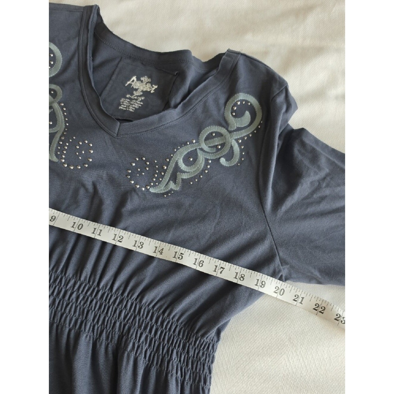 ARIAT | Blue Gray Smocked Embroidered Western Dress Bell Sleeve Boho Studs | XL