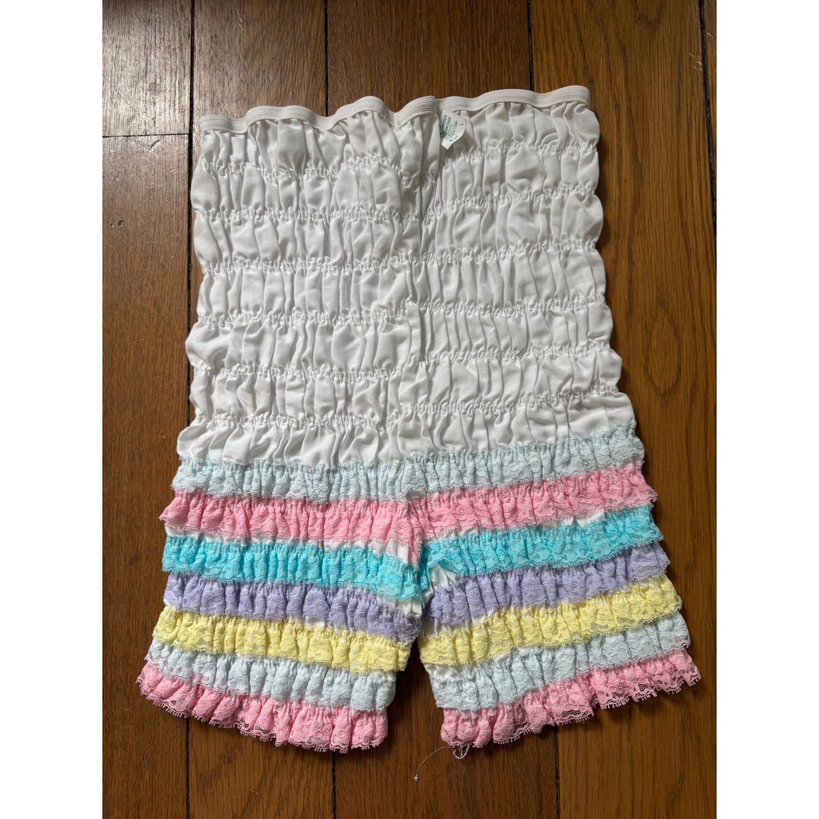 Vintage 80s Malco Modes Pastel Rainbow Lace Ruffle Smocked Bloomers