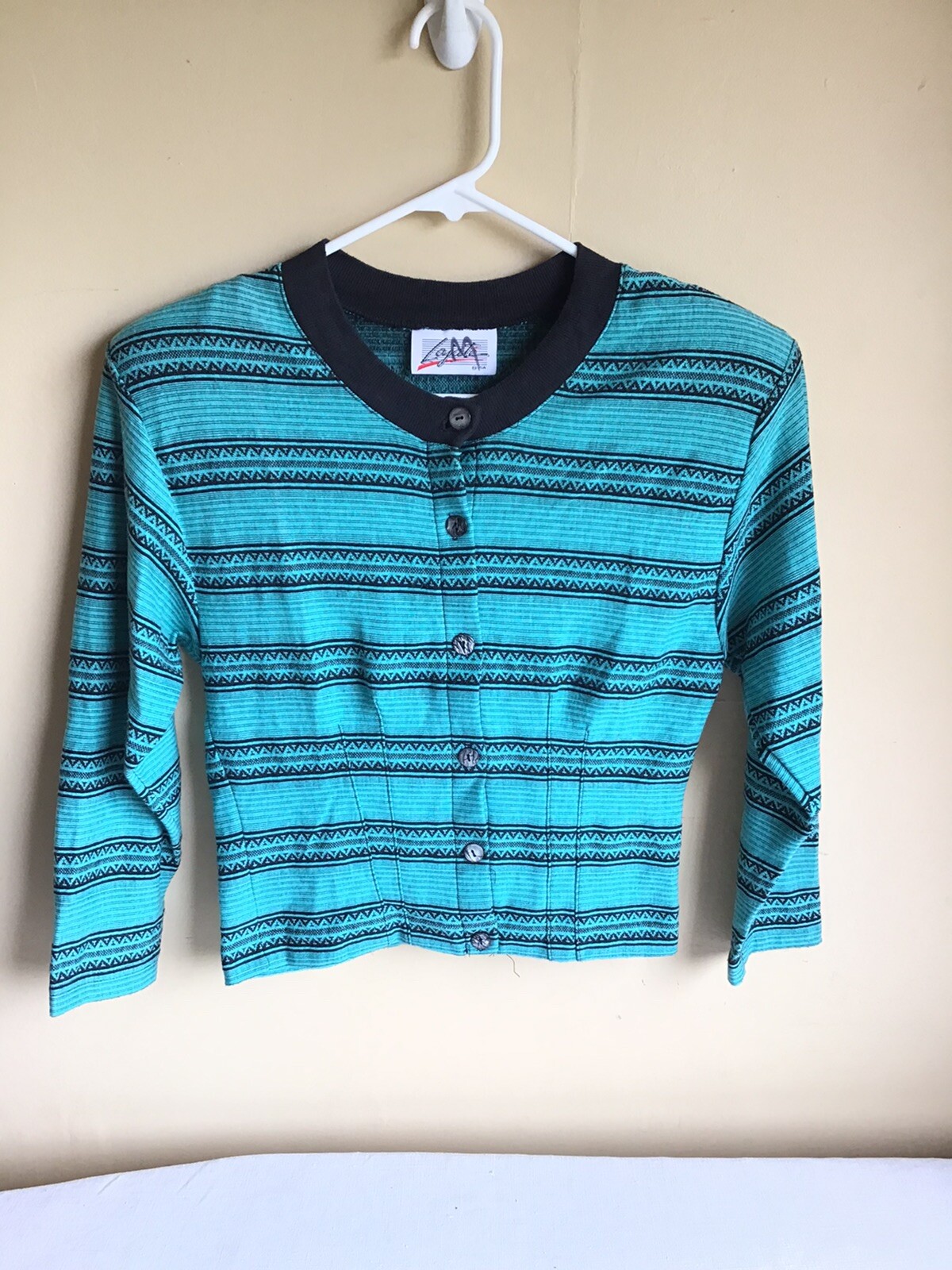 Vintage Lajate USA Womens Teal Aztec Design Fitted Button Up Long Sleeve Top