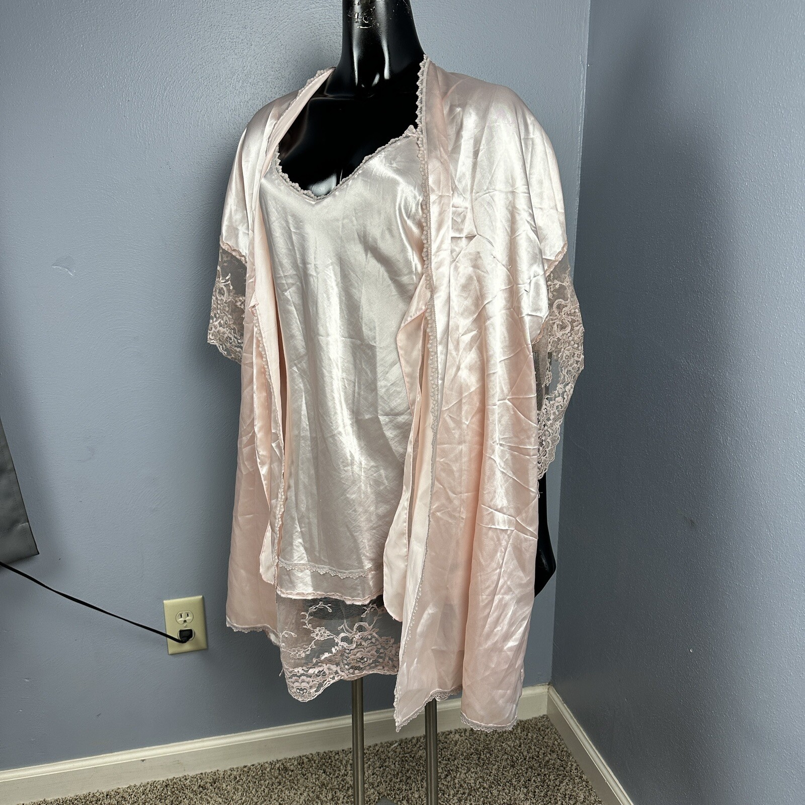 Vtg Lady Cameo Robe & Chemise Nighty Slip Dress Silky Pink Mauve Lace Set Sz L