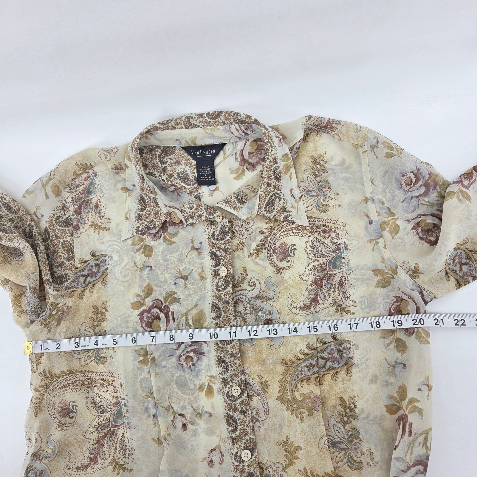 Van Heusen Blouse Large Tan Floral Paisley Vintage Boho Cottagecore Academic