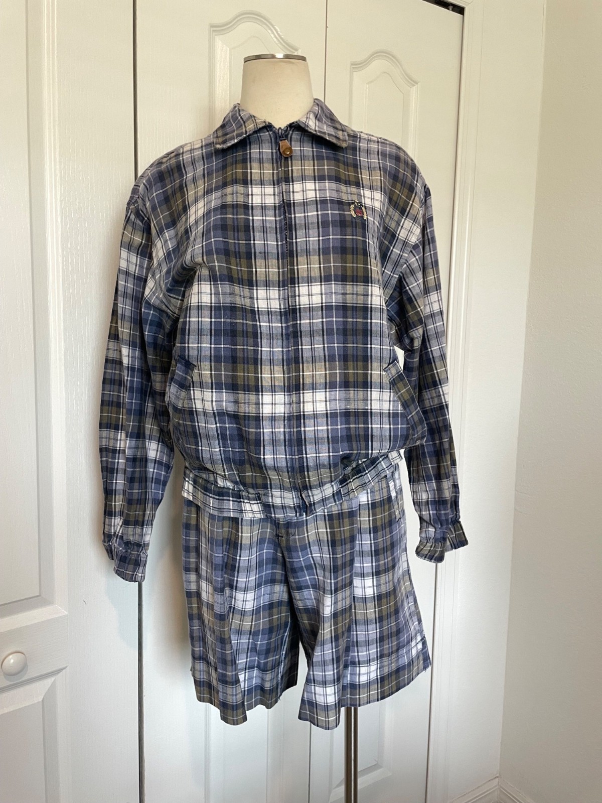 Vintage 90s Bugle Boy Blue Plaid Woman’s Jacket + Shorts 2-Piece Set Size S/6