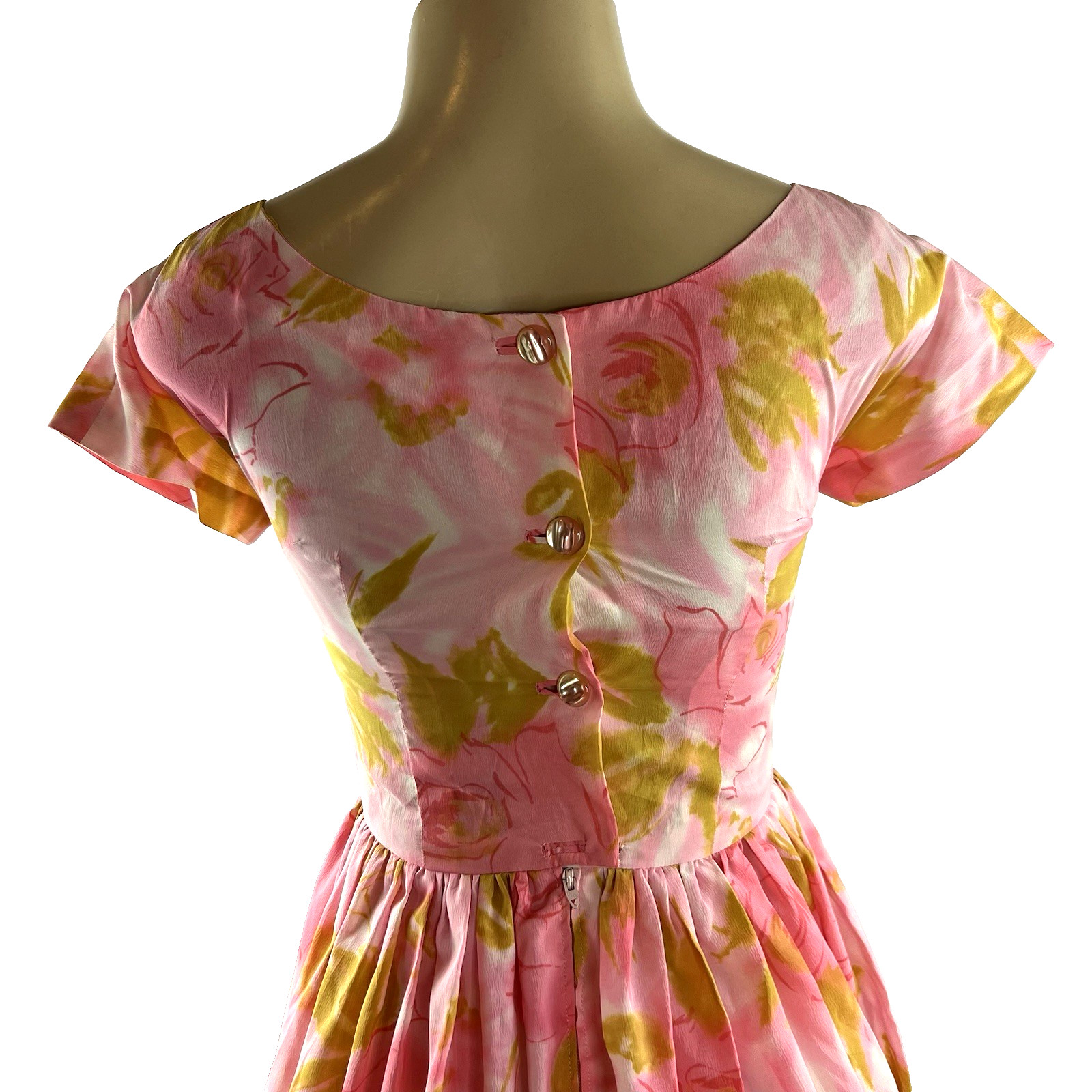 1950s Dress Vintage Pink Floral Rose Print Full Skirt A Line Retro Rockabilly