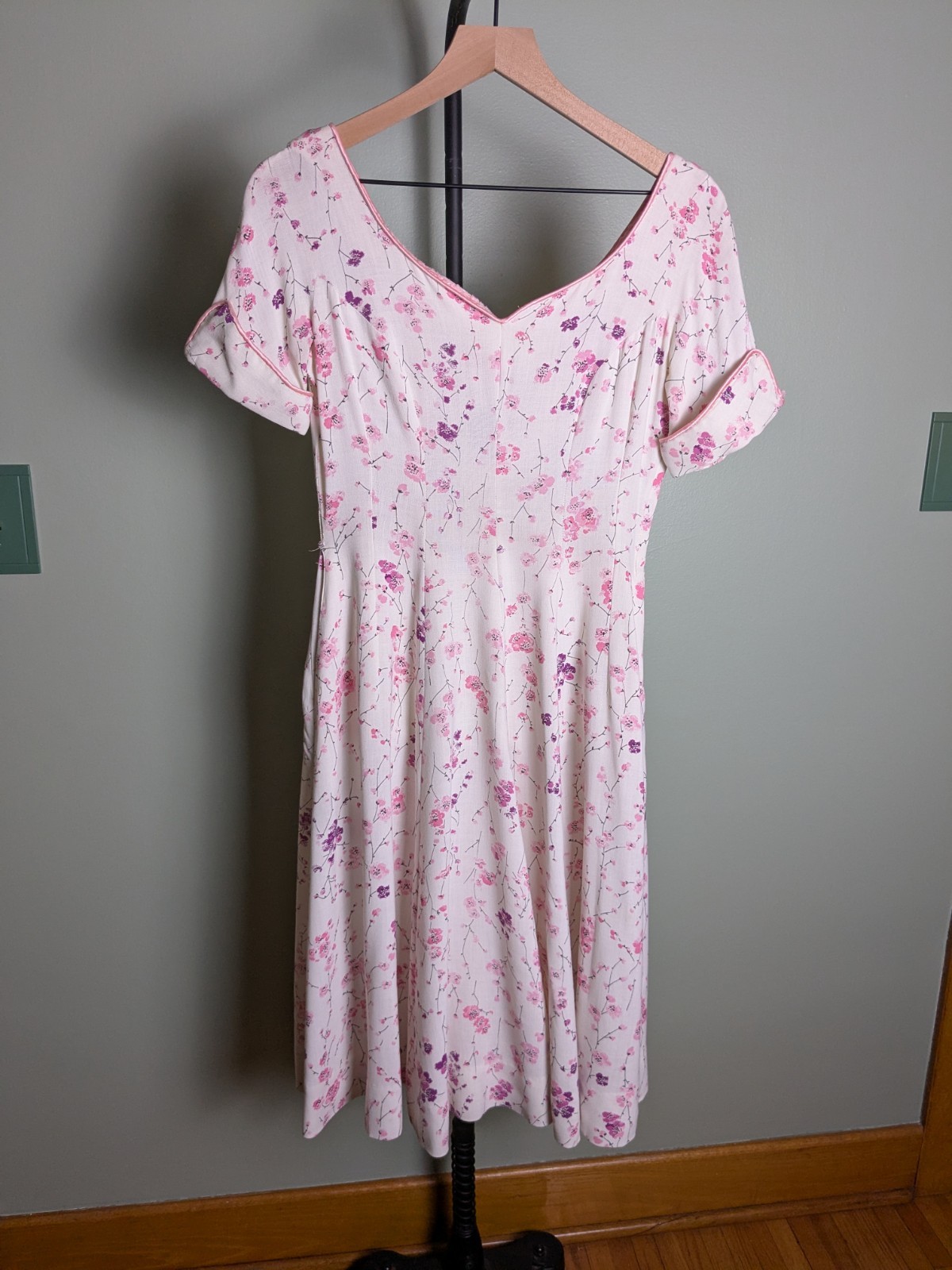 Vintage Handmade 1950s Fit Flare White Pink Linen Like Dress