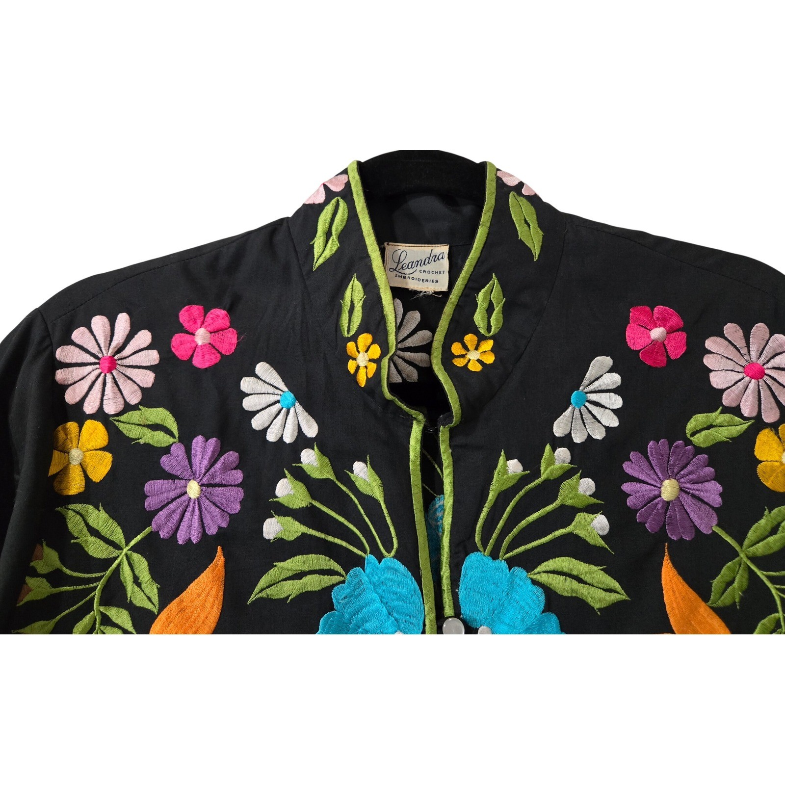 Leandra Vintage Embroidered Floral Bird Tunic Black Mandarin Collar Scallop LG
