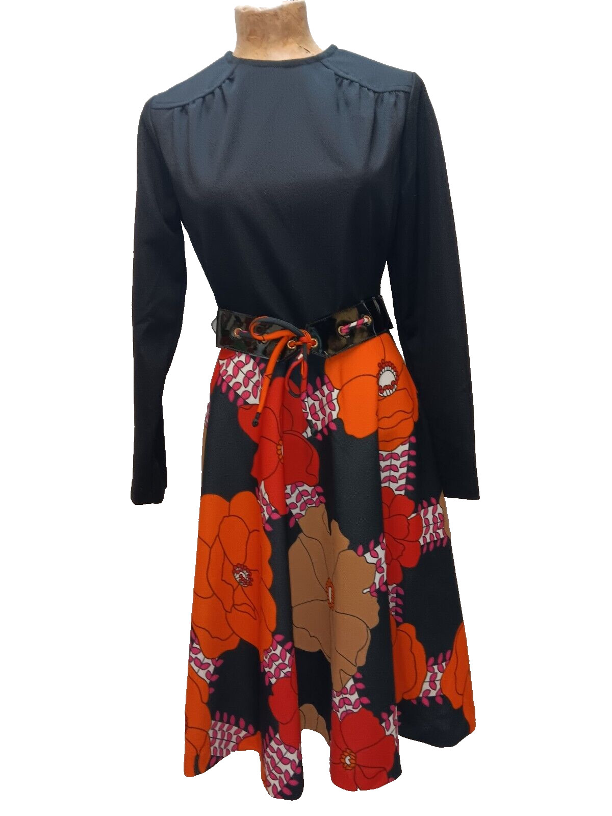 1970s Black Orange Pink Red White Groovy Poly Mod Dress by Tony Todd M