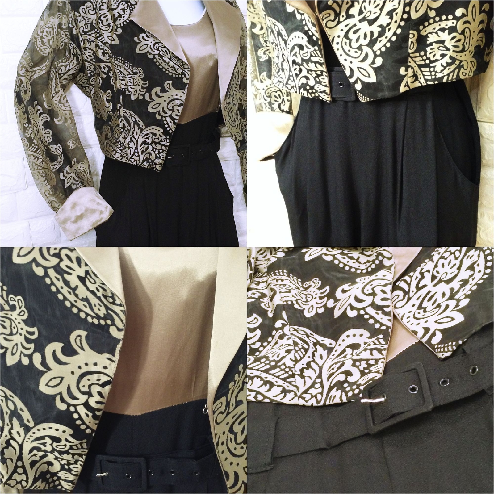 Vintage 90s 2-pc Set JumpSuit Jacket 6/8 Pockets Two-tone Scroll Champagne Black