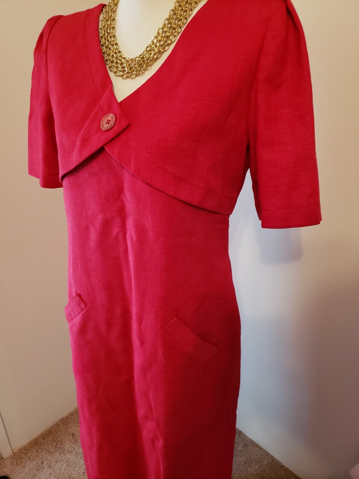 WILLIAM PEARSON Vintage Red Linen Lined Short Sleeve Sheath Dress Size 8/10