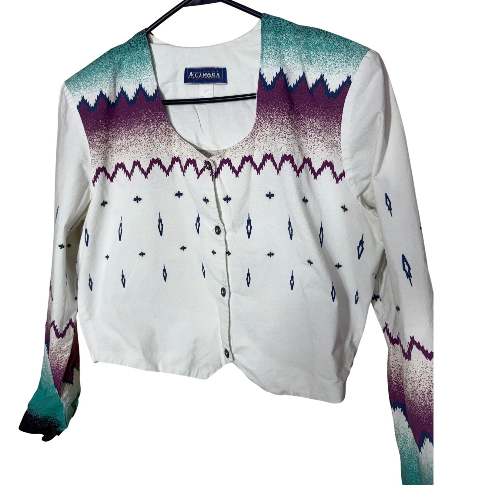 Alamosa Vintage Womens Southwestern Cropped Cotton Top White Teal Purple L