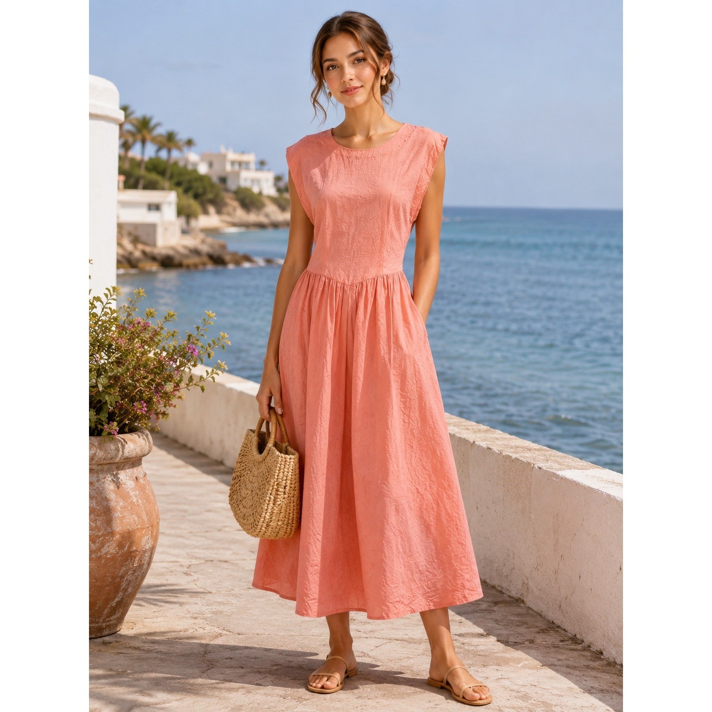 1980s Hand Dyed Fit Flare Dress Rockabilly Pinup Garden Party Coral Mottled