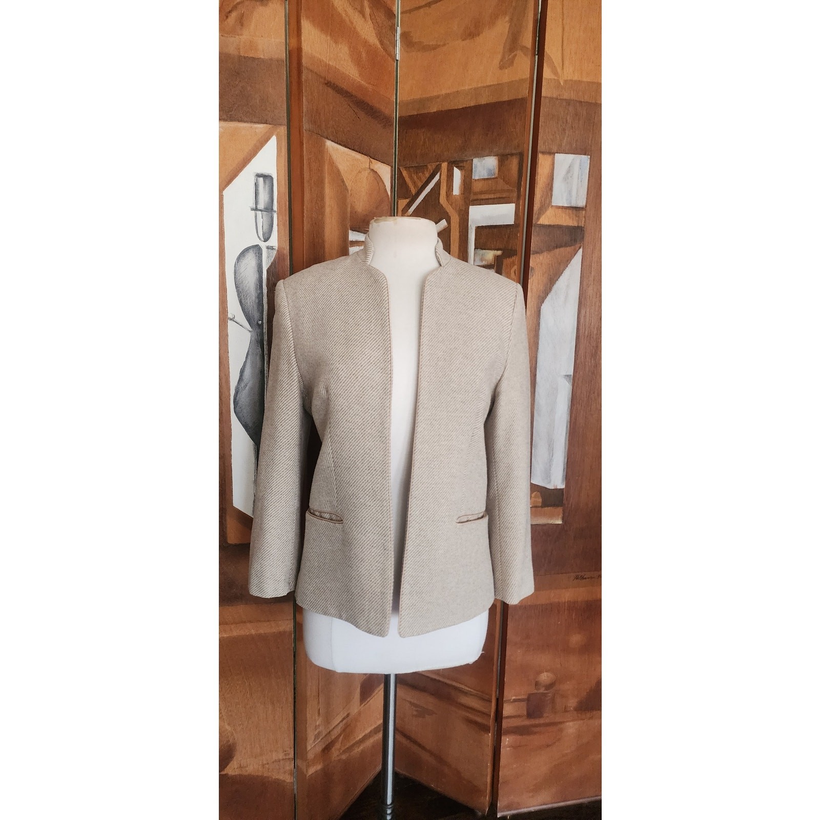 Vintage 70s Bally Blazer Beige Wool Band Collar Jacket Medium