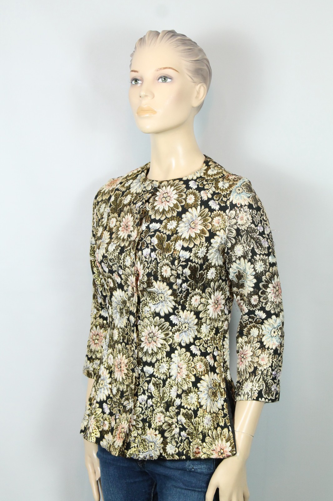 Vtg REVILLON BOUTIQUE PARIS Gold Multi-Color Floral Tailored Jacket Blazer XS/S