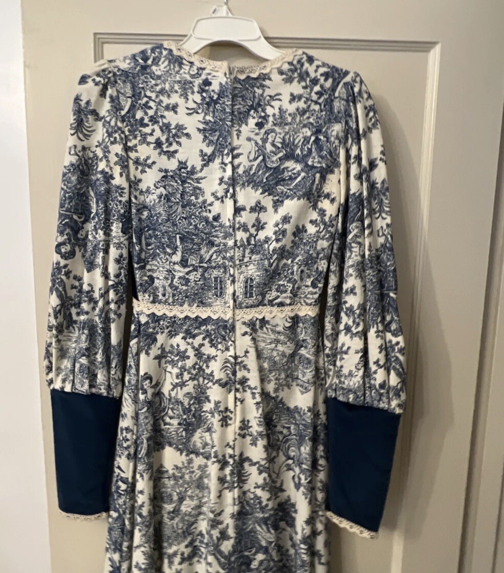 1970’ GUNNE SAX by Jessica Toile de Jouy Maxi Dress Blue Velvet Lace-up Blue 11