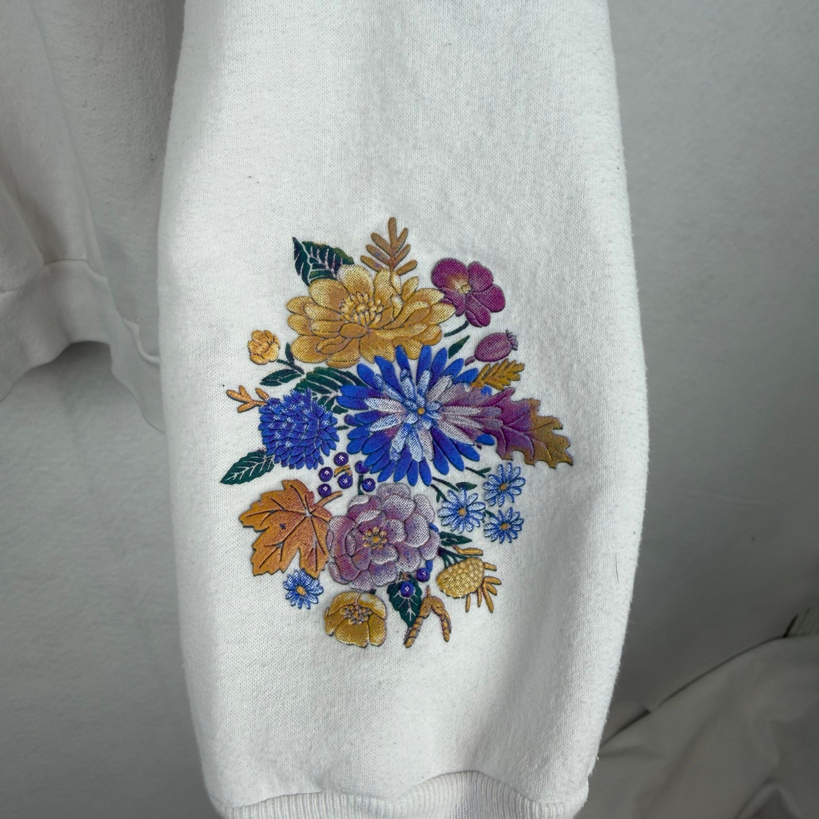 Vintage Top Stitch Morning Sun Sweatshirt Womens XL White Floral Embroidered 90s