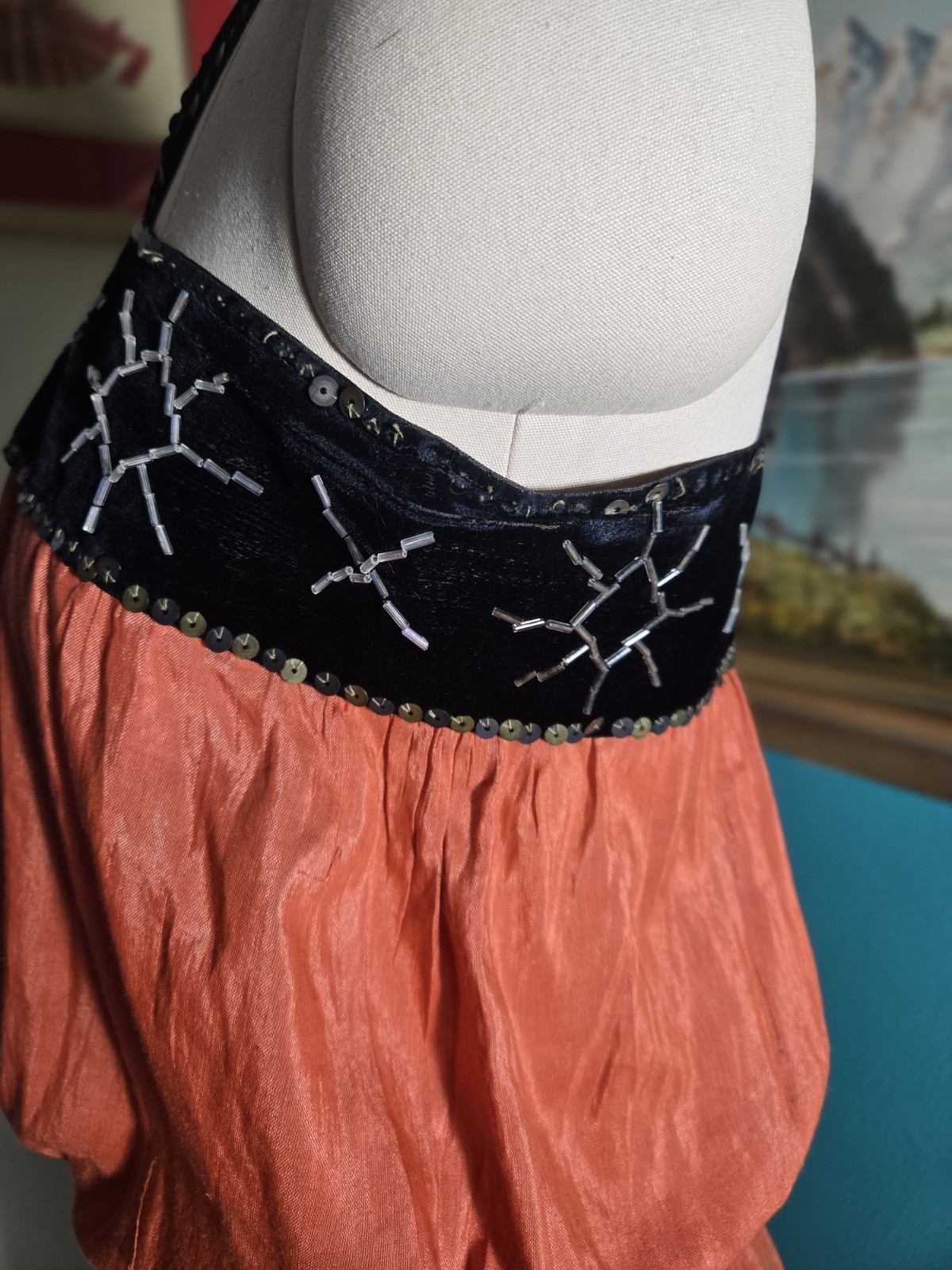 Vtg 1920s 1930s Orange Cotton/Silk Beach Pajamas Romper Velvet Sequin