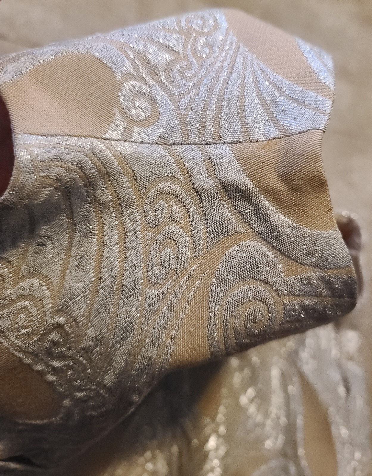VTG MOD 60 Eve Le Coq Tan Metallic Silver Lame Brocade Paisley Dress Women’s S-M