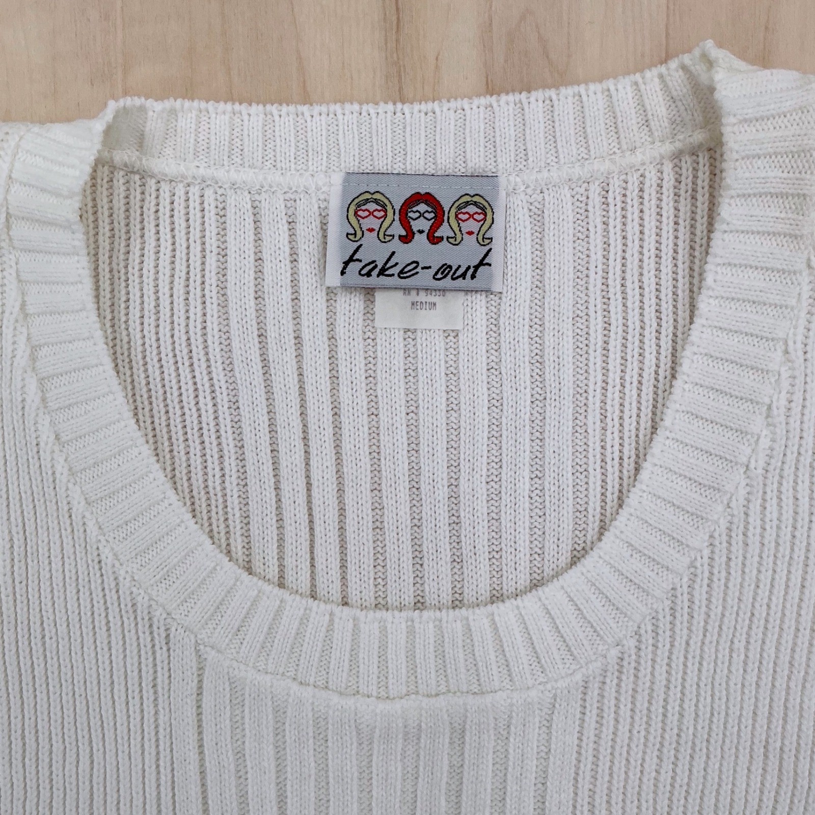 Take-Out Knit Top Womens Medium White Ribbed Cotton Scoop Neck 90s Vintage USA