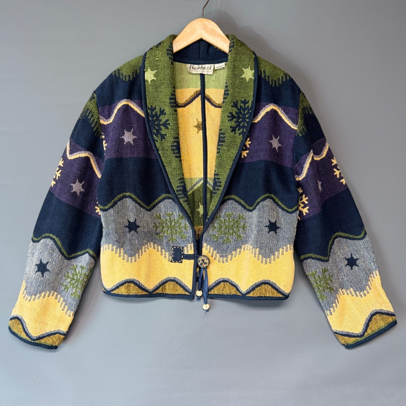 Flashback Vintage Woven Tapestry Jacket Womens Large Cotton Snowflake Celestial