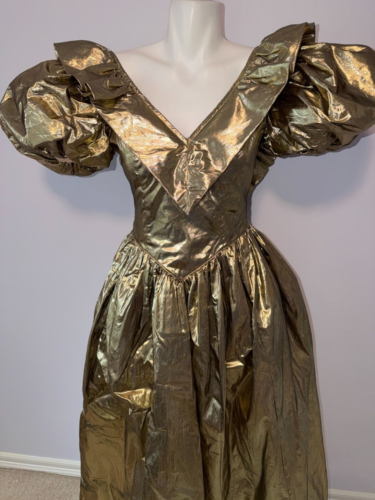 Vintage 80s Gold Lame Prom Dress S M Puff Sleeve Metallic Liquid Gold Ball Gown