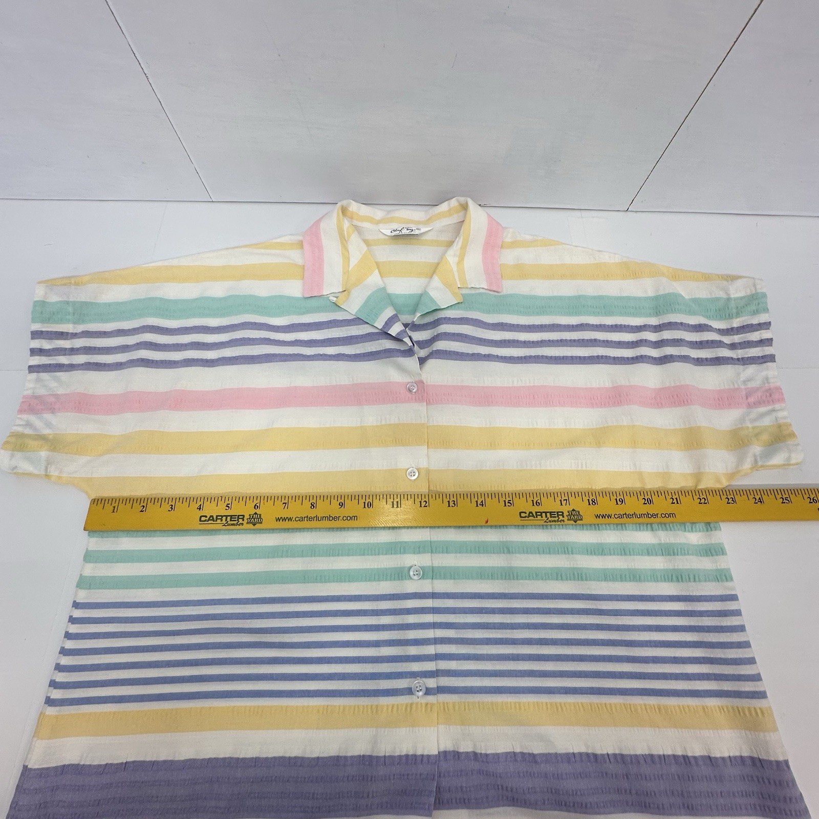 Cheryl Tiegs VTG Womans Pastel Striped Short Sleeve Button Up Shirt USA 16 READ