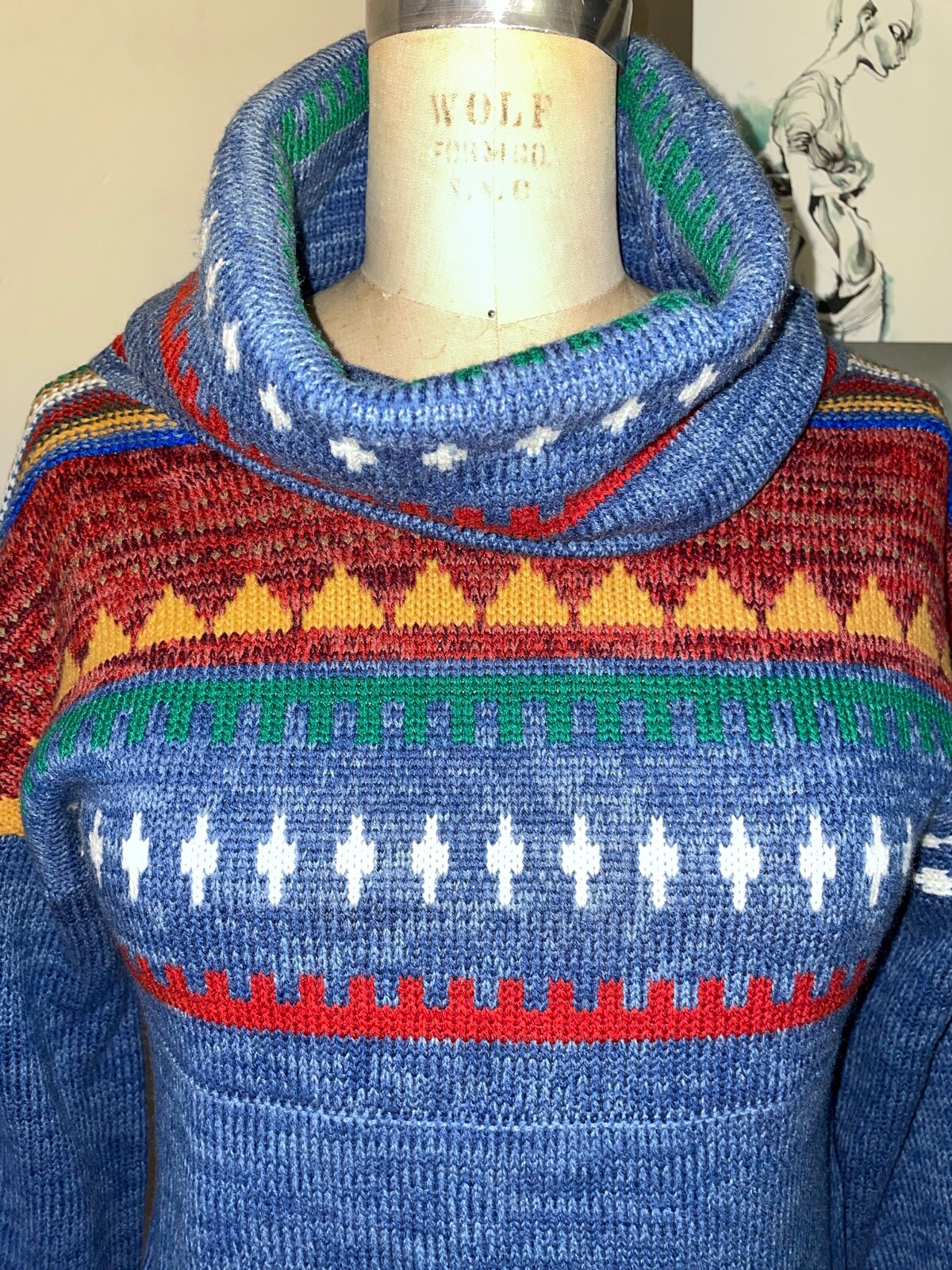 VTG 70’S BOHO HIPPY SOUTHWEST NATIVE PRINT BLUE TURTLENECK A-LINE SWEATER*S