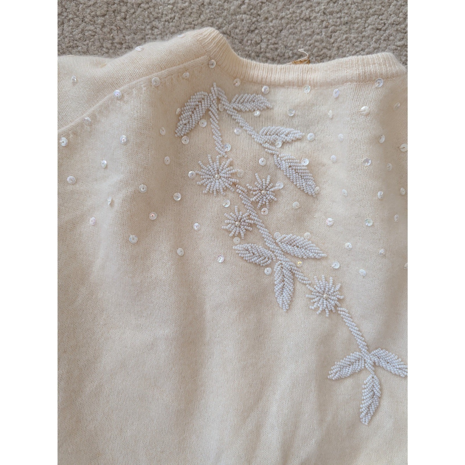 Vintage Women’s Beaded Angora Lambswool Cardigan Cream Floral Sequin Sweater- XS