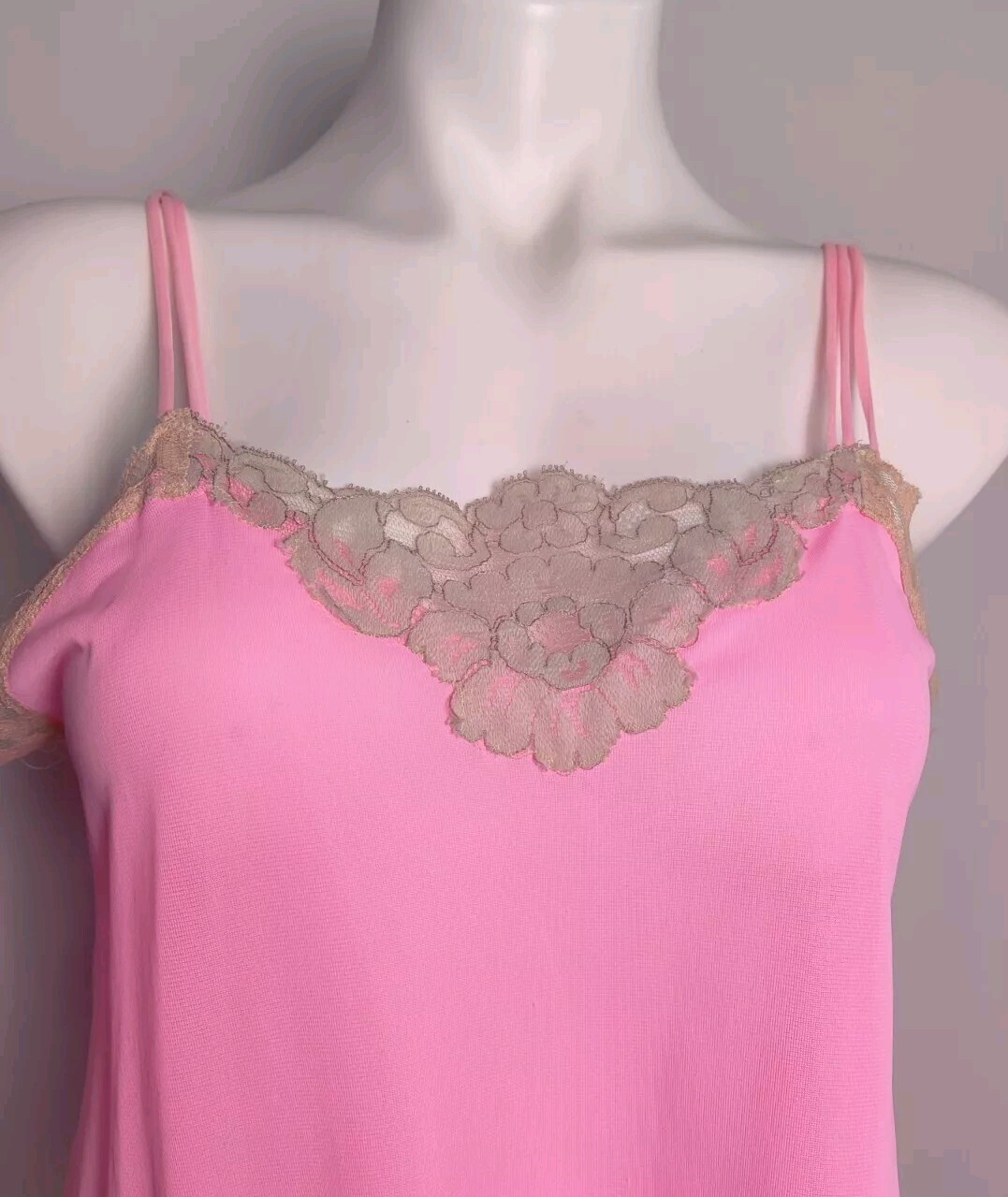 Vintage Avian Hot Pink Nylon Nightgown Lace Trim Modified **Flawed Medium