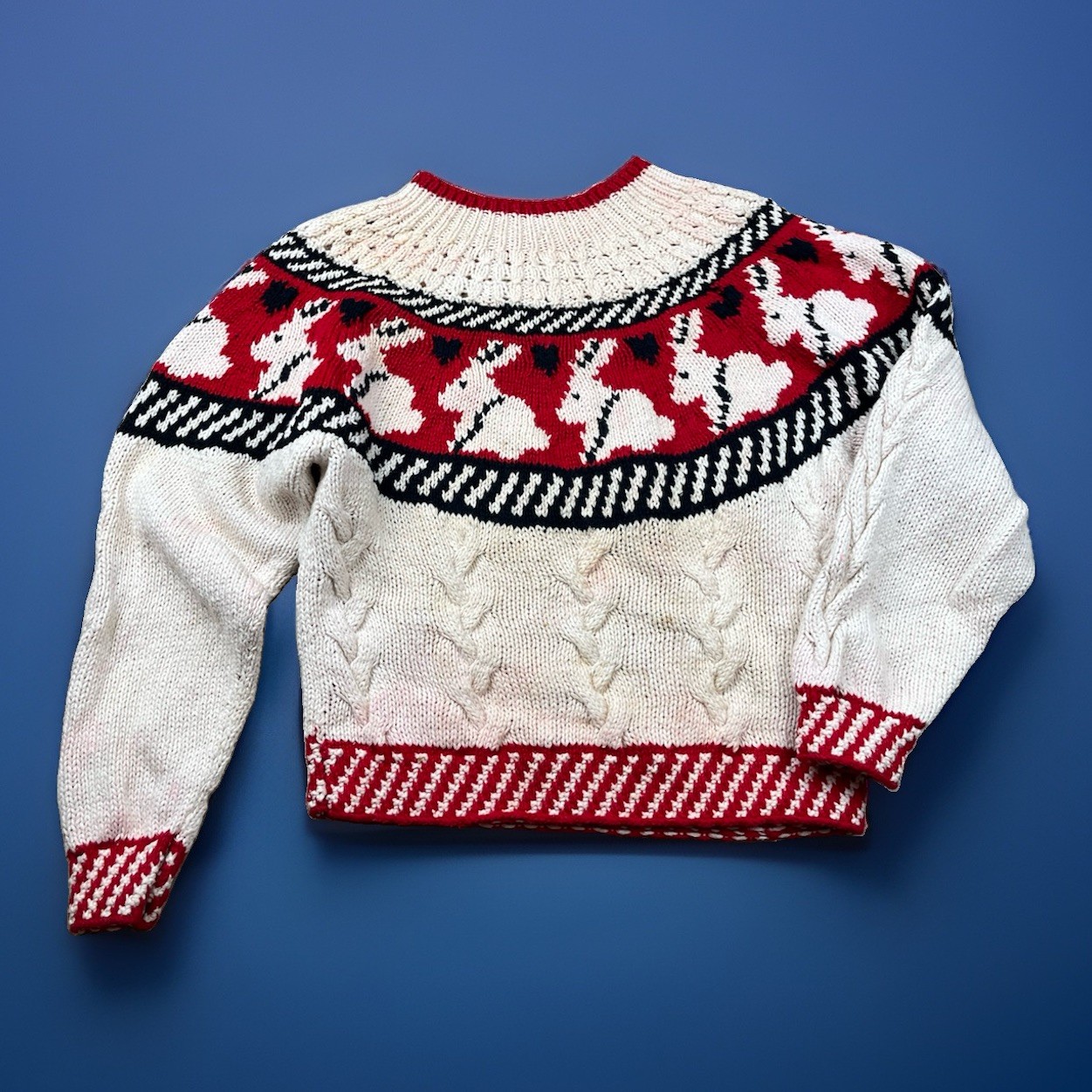Vintage The Eagle’s Eye Sweater Women’s Sz Small Bunnies Fair Isle Handknit READ