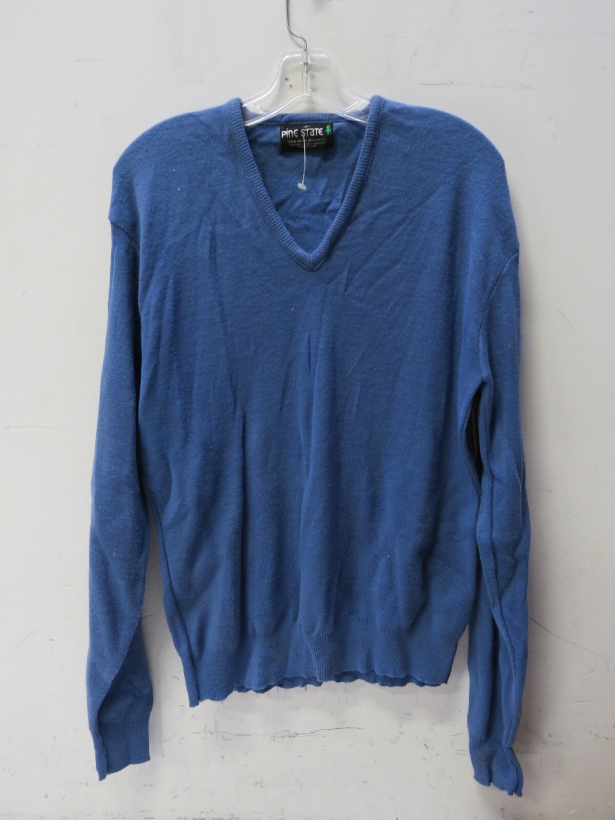 Vintage 80s Pine State Sweater Womens L Blue Solid V Neck Acrylic Made in USA