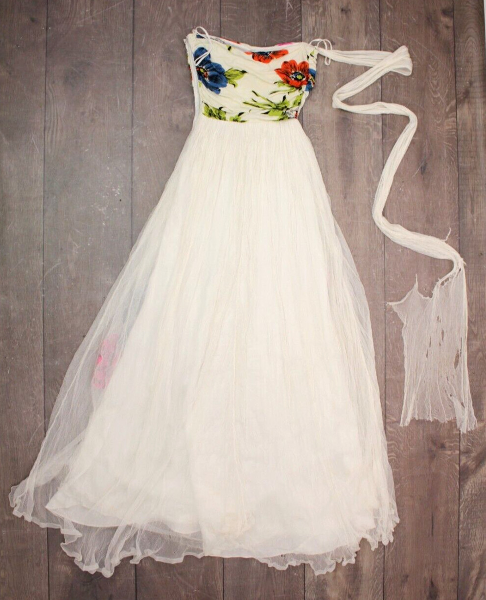 Vtg Women’s 40s White Rayon Colorful Floral Formal Dress 1940s XXS/XS Ball Gown