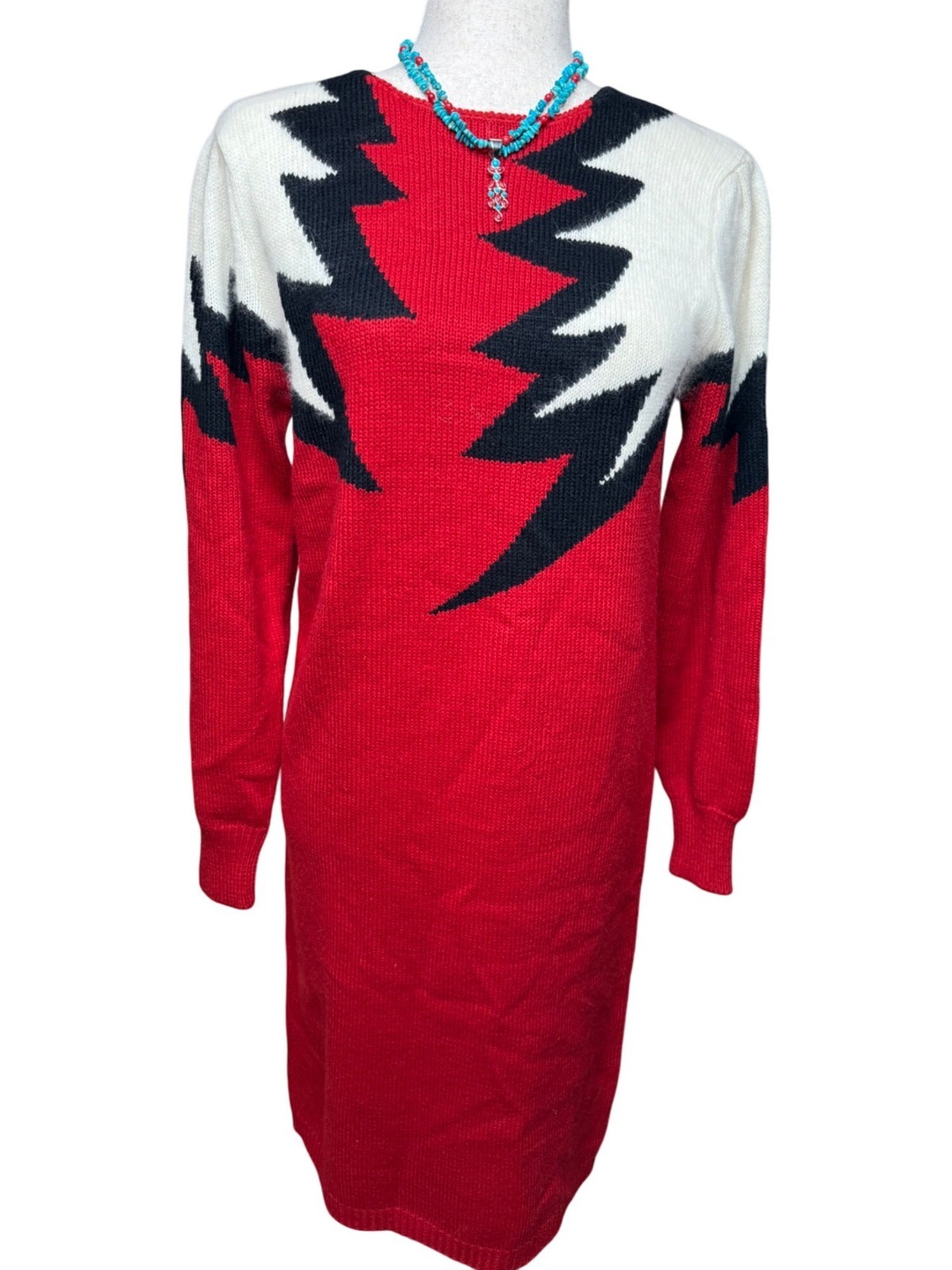 VTG Yarnworks Petite S Red White Lightning Bolt Sweater Dress Lambswool read y2k