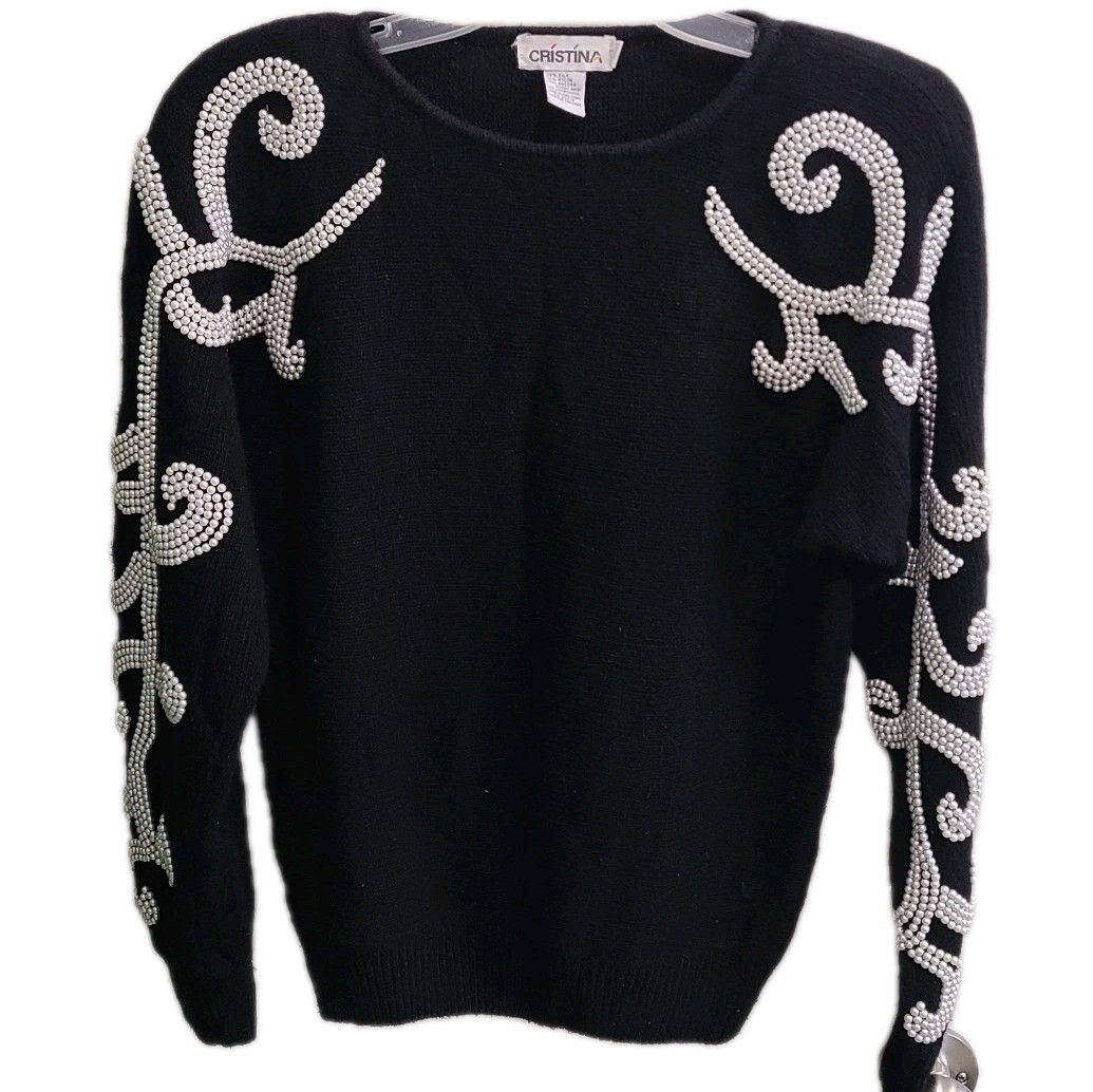 Vtg Cristina Womens Sz M Black Sweater Silk Angora Pearl Beaded Chic Cozy Unique